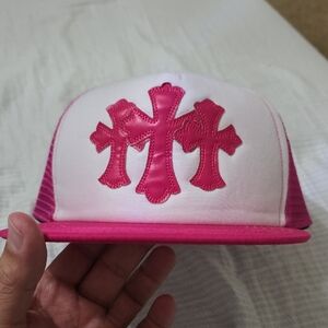Chrome Hearts White and Hot Pink Trucker Hat with Cross Patch